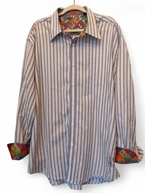 Robert Graham Men’s Striped Blue and White Dress Shirt, Colorful Patchwork Cuffs